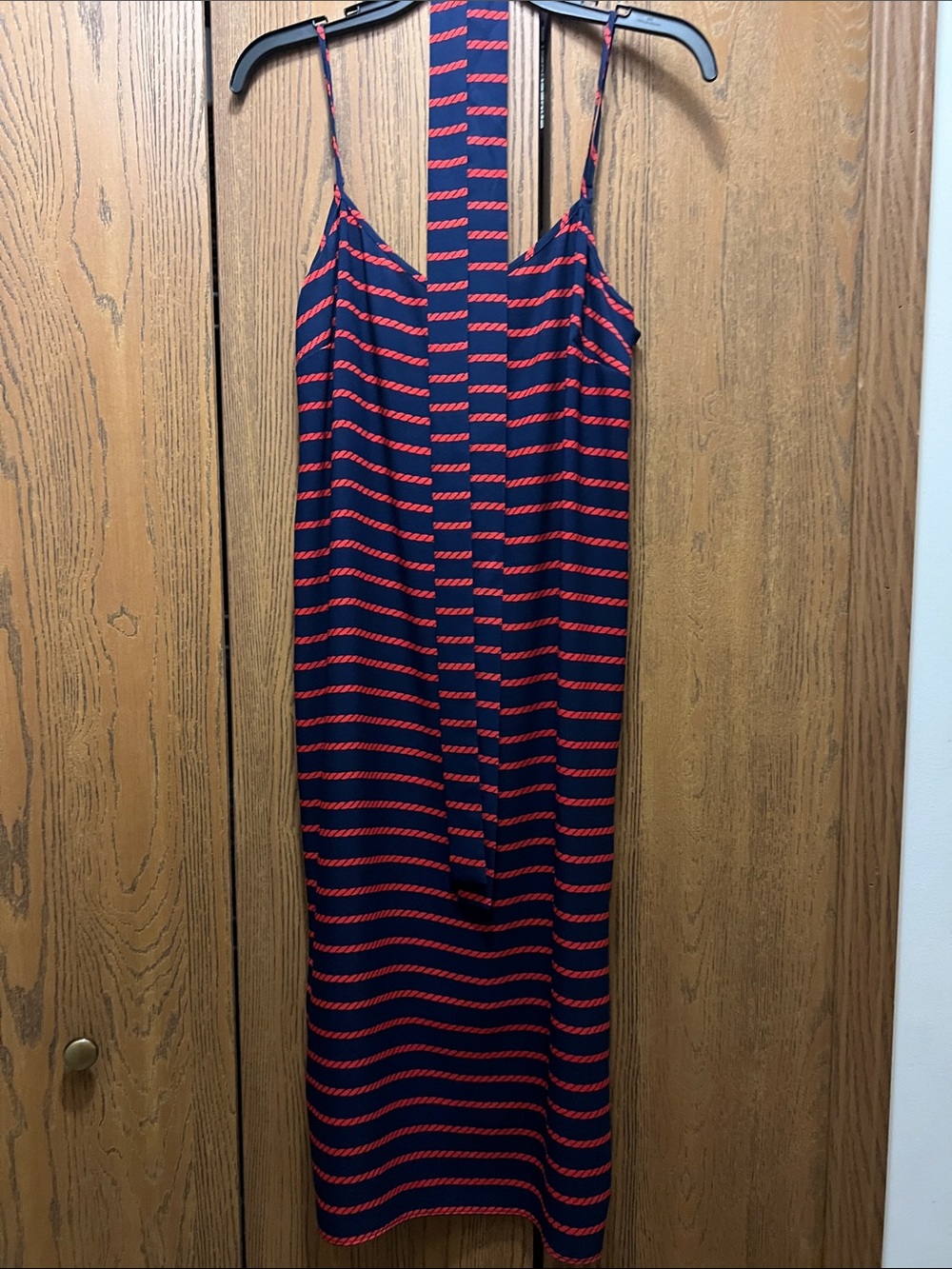 Ann Taylor Navy and Red Striped Spaghetti Strap Midi Dress